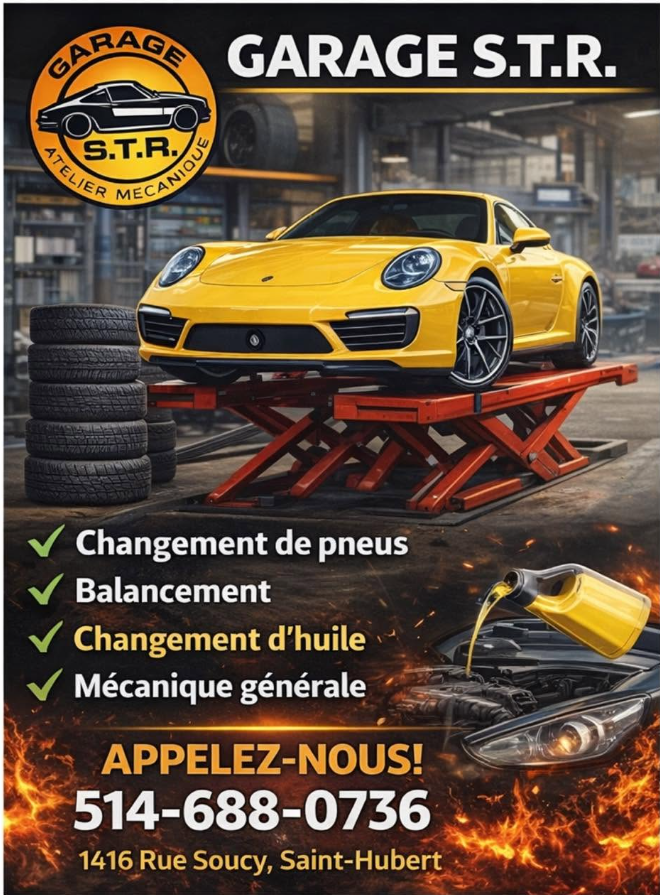 Porsche jaune sur pont d'atelier Garage S.T.R.